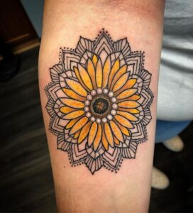 beautiful-sunflower-mandala-tattoo-ideas-by-Corinne-Reinert-1